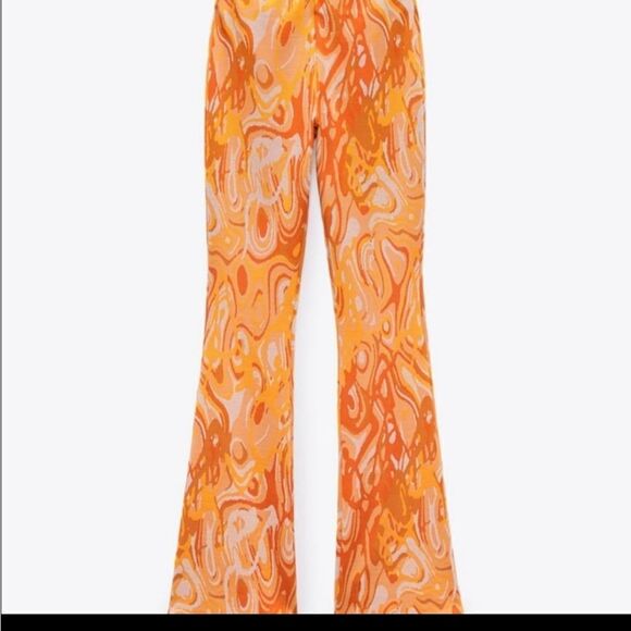 Zara GROOVY Tye dyed orange jacquard flare legging type stretch pants - Picture 5 of 6